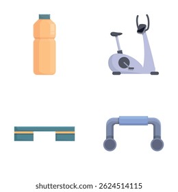 Gym tool icons set cartoon vector. Sport accessory and equipment. Healthy lifestyle