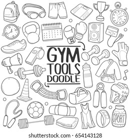 Gym Tools Doodle Icons Sketch Hand Made. Sport Fitness Illustration.