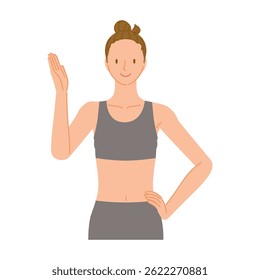 Gym trainer (smiling young woman): giving directions with hand