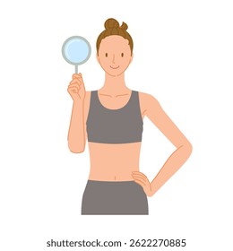 Gym trainer (smiling young woman): holding a magnifying glass