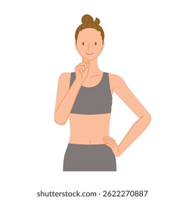 Gym trainer (smiling young woman): hand on chin