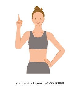 Gym trainer (smiling young woman): pointing