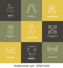 Gym training, bodybuilding and active lifestyle logo collection. Vector lone series. Fitness and active lifestyle lootypes. Line icon collection.
