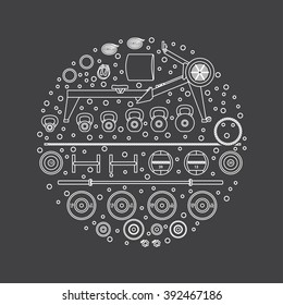 Gym training, bodybuilding, healthy and active lifestyle, fitness elements arranged in circle.  Functional training equipment. Design for card, poster or gym advertising. line style