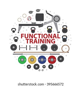 Gym training, bodybuilding, healthy and active lifestyle, fitness elements arranged in circle.  Functional training equipment. Design for card, poster or gym advertising. flat color style