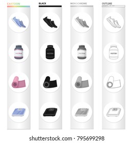 Gym and training cartoon black monochrome outline icons in set collection for design. Gym and equipment vector symbol stock web illustration.