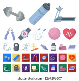 Gym and training cartoon,flat icons in set collection for design. Gym and equipment vector symbol stock web illustration.