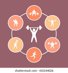 Gym, training, fitness exercises flat icons, vector illustration