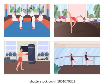 Gym training flat color vector illustration set. Martial arts exercise. Gymnast rehearsing. Ballet dancer lesson. Sportsman 2D cartoon characters with training studio on background collection