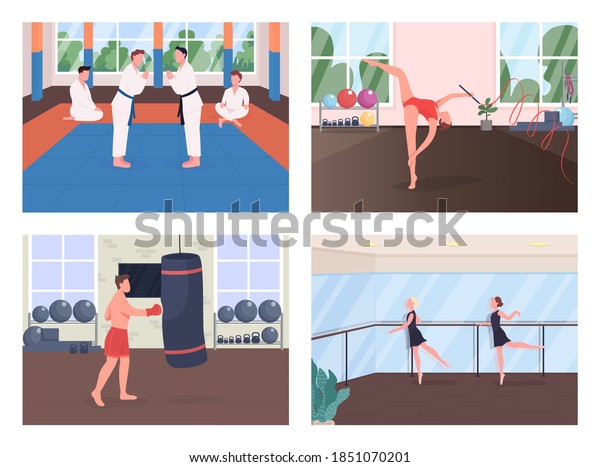 Gym training flat color vector illustration\
set. Martial arts exercise. Gymnast rehearsing. Ballet dancer\
lesson. Sportsman 2D cartoon characters with training studio on\
background collection