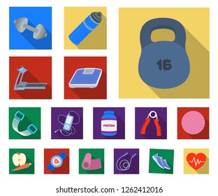 Gym and training flat icons in set collection for design. Gym and equipment vector symbol stock web illustration.