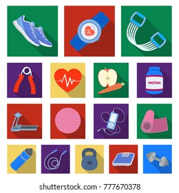 Gym and training flat icons in set collection for design. Gym and equipment icons in set collection for design.