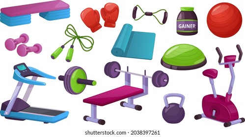 Gym training and home exercising equipment, fitness machines. Cartoon dumbbells, treadmill, yoga mat. Sport workout elements vector set. Isolated tools for healthy lifestyle and wellbeing - Shutterstock ID 2038397261