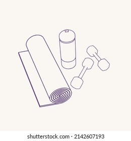 Gym training and home exercising and fitness equipment. Dumbbells, yoga mat and bottle. Tools for healthy lifestyle and wellbeing. Top view.