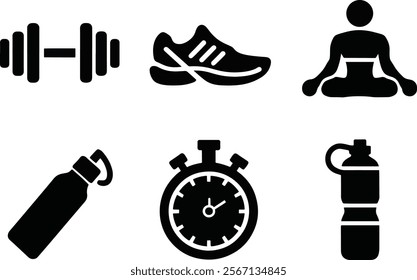 Gym training icon set Design,ruining snekar,water bottle, timer all are in vector 