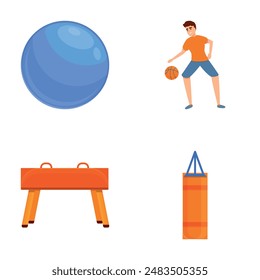 Gym training icons set cartoon vector. People doing sport or physical exercise. Full body workout