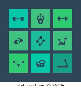 Gym, training modern square flat icons, vector illustration, eps10, easy to edit