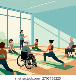 Gym training session, active inclusive fitness scene, modern vector
