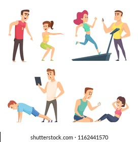 Gym training. Set of cartoon sport characters. Vector training exercise, instructor trainer sporty illustration