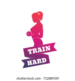 gym training, train hard poster with exercising girl