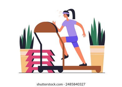Gym training web concept with people scene in flat design. Sporty woman making fitness workout and running at cardio treadmill at sport club. Vector illustration with character situation for web
