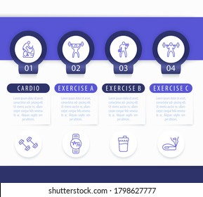 Gym training, workout, 4 steps infographic template, with line fitness icons