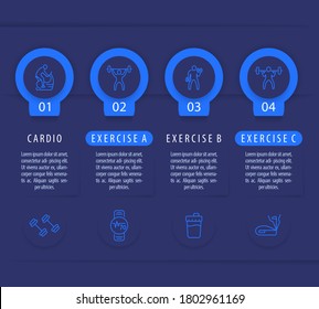 Gym training and workout, 4 steps infographic template, with line fitness icons