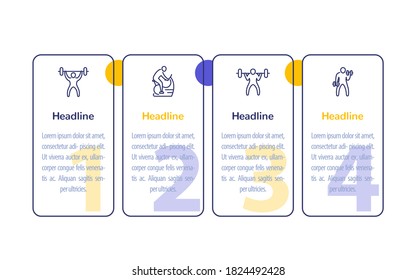 Entrenamiento de gimnasia, entrenamiento, infografía de 4 pasos con iconos de fitness de línea