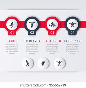 Gym training, workout, 4 steps infographic design, with fitness exercise icons, vector illustration