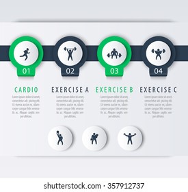 Gym Training, Workout, 4 Steps Infographic Elements, With Fitness Exercise Icons, Vector Illustration