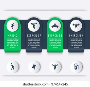 Gym training, workout, 4 steps, infographics elements, with fitness exercise icons, vector illustration