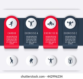 Gym training, workout. 4 steps, infographics elements with fitness icons.