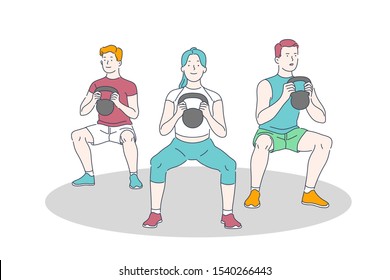 Gym training, workout and weightlifting exercise, physical activity and healthy lifestyle concept. Sportsmen doing squats with kettlebells, athletes lifting dumbbells. Simple flat vector