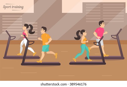 Gym, treadmill. Man and a woman at the gym. Treadmill. Vector isolated illustration. Cartoon character. Sports, exercises