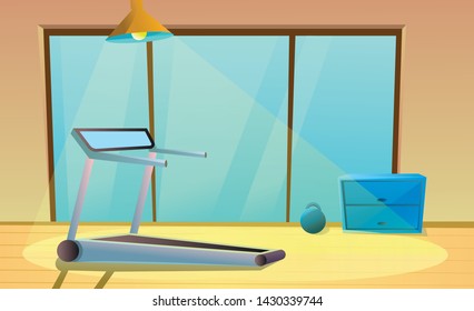 Gym with treadmill for running, window and small dumbbell.  Sport interior. Healthy gymnastic. Fitness room. Vector