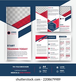 Gym Tri-fold Brochure Design Template, Fitness Cover Page, And Brochure Yoga Flyer Design Template. 