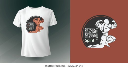 Gym t-shirt design vector template, Creative typography with strong men apparel illustration for fitness or bodybuilder's, Fitness lettering apparel print concept, poster background. 