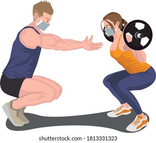 Gym tutor teaching his client how to use barbell illustration