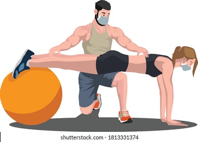 Gym tutor teaching his client how to do stabilization on the stability ball illustration