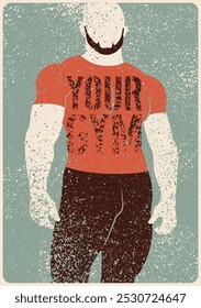 Gym typographic vintage grunge poster design with strong man silhouette. Retro vector illustration.