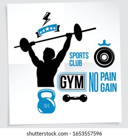 Gym vector advertising leaflet created with vector illustration of muscular bodybuilder holding barbell sport equipment. No pain, no gain quote.