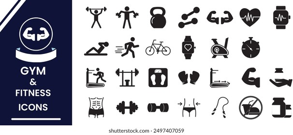 Gym vector, icons, Fitness icon, vector, silhouette. Gym and Fitness  vector, Icons set. Physical exercise, Wellness, health, exercise, fit, icon. Outline of gym, fitness icon. Vector illustration.