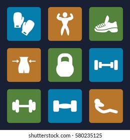 gym vector icons. Set of 9 gym filled icons such as barbell, slim, abdoninal workout, bodybuilder, trainers