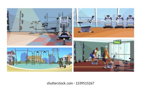 Gym vector illustration set. Fitness equipment inside and outside, male athletes training on bike machine, gym interiors, outdoor sport ground. Fitness concept