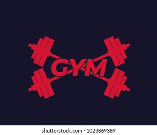 Gym vector logo with barbells, red on dark