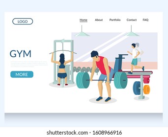 Gym vector website template, web page and landing page design for website and mobile site development. Fitness training, cardio workout, powerlifting, weightlifting, bodybuilding, strength training.