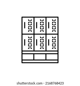 Gym vented lockers with bench. Steel cabinets for schools, colleges. Metal cabinets for safe storage of clothing. Sport furniture. Line vector icon. Isolated object