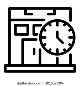 Icono de gimnasio y reloj. Esbozar el gimnasio y mirar el icono del vector para el diseño web aislado en fondo blanco