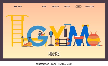 Gym website design, vector illustration. Typographic composition of letters and training equipment. Landing page template in flat style, workout accessories, training center, fitness studio gym