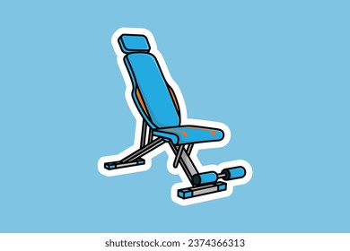 Gym Weight Bench Sticker For Exercise vector illustration. Body fitness objects icon concept. Adjustable weight bench with barbell sticker design icon with shadow.